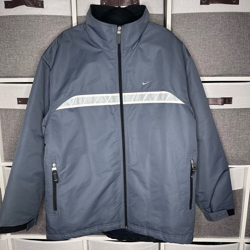 Nike Vintage Jacket Gray Swoosh Logo Thick Winter Windbreaker Pockets Size Large